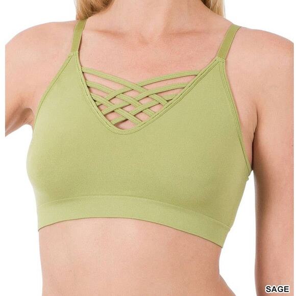 2X/3X Sage Green Front V Lattice Bralette + bra padding adjustable straps Zenana - Picture 15 of 16